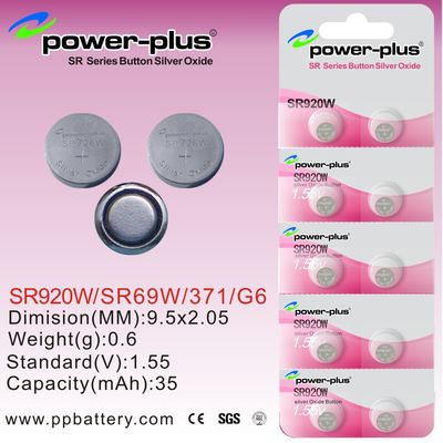 1.55V 35mAh کوتاه سازمان دیده بان دکمه اکسید نقره باتری های سلول SR سری SR920W / SR69W / 371 / G6